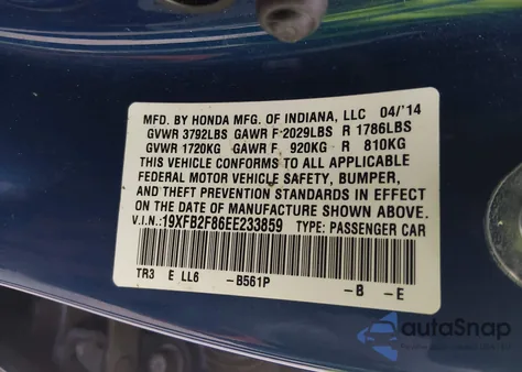 2014 Honda Civic Ex z USA, uszkodzony, nr VIN 19XFB2F86EE233859